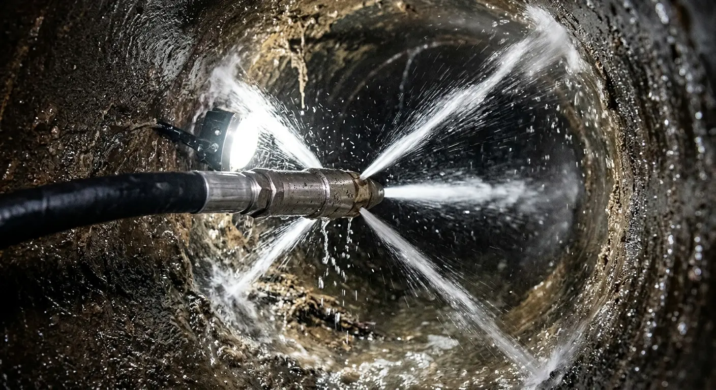 High-pressure hydro jetting nozzle cleaning sewer pipe for Trenchless Sewer Repair in St. Louis